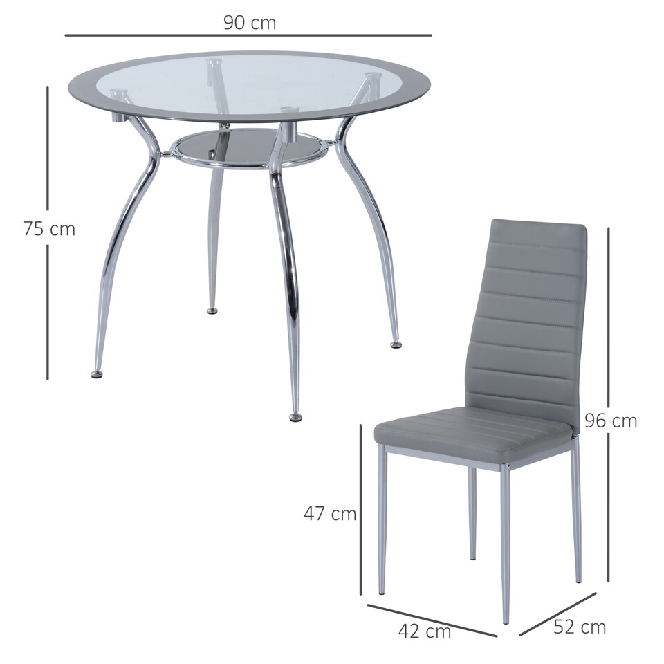 image 1 of HOMCOM Dining Table and Chairs Set for 4, 5 Piece Round Kitchen Table and Chairs with Glass Top, Shelf and High Back, Space-Saving Table and Upholstered Chairs for Small Spaces, Grey