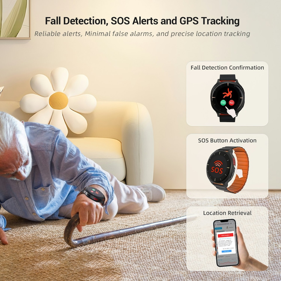 image 1 of 24/7 Remote Health Monitoring Watch, Fall Detection, SOS Alerts, Heart Rate, Temperature, Blood Pressure, 10 Day Battery - Audar E2 -