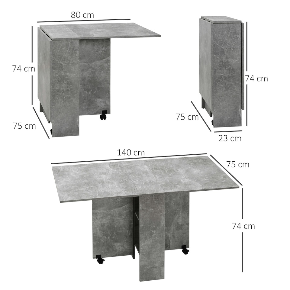 image 1 of HOMCOM Mobile Drop Leaf Dining Table Folding Desk w/ 2 Wheels Cement Grey