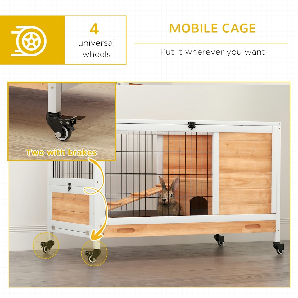 image 1 of PawHut Wooden Guinea Pig Hutch 2-Floor Design w/ Wheels, Yellow