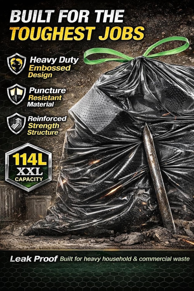 image 1 of Hero Webtech Super Strong Black Embossed Drawstring Bin Bags 114L – 28 Heavy Duty Tear-Resistant Refuse Sacks
