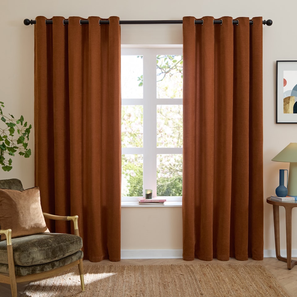 image 1 of Furn Soft Chenille Blackout Eyelet Curtain Pair, 117cm width x 183cm drop | Orange | Rust | 1