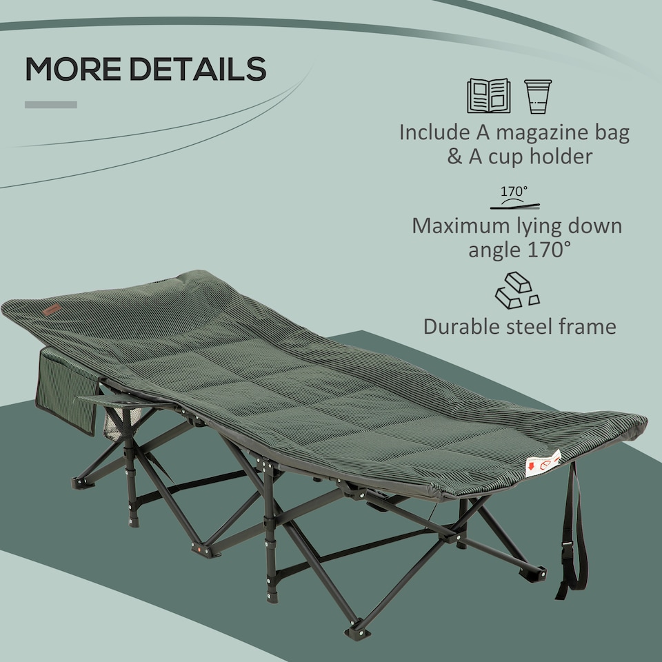 image 1 of Outsunny Camping Bed for Adults, Single Folding Camp Bed, Padded Portable Camping Cot for Sleeping, with Carry Bag, Side Pocket and Cup Holder for Outdoor, Travel, Fishing, Grey