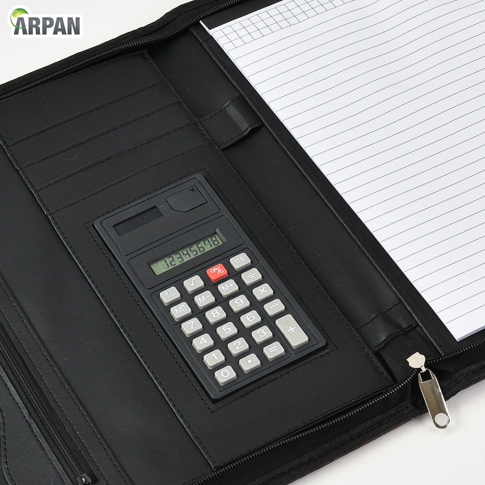image 1 of A4 Zipped Conference Folder – Executive Portfolio with Calculator, Writing Pad, Pen Holder & Document Storage – Professional Faux Leather Business Organiser for Office, Meetings & Interviews