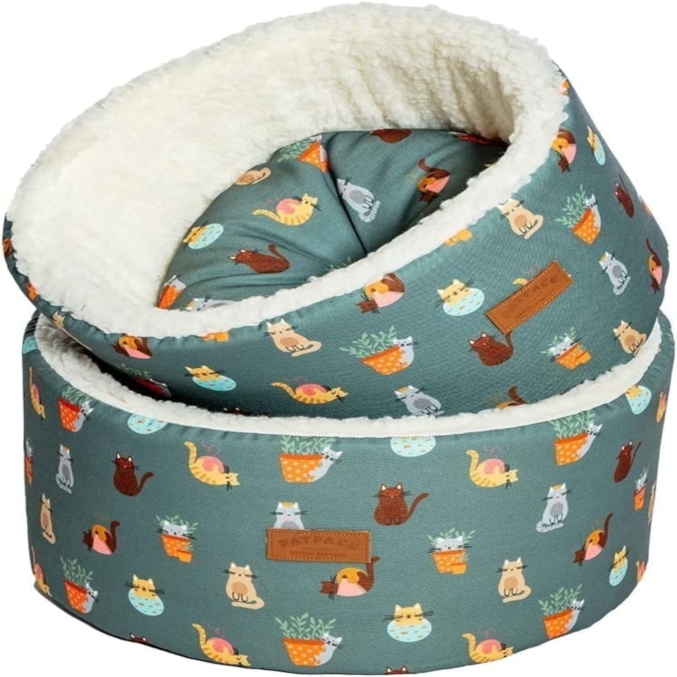 image 1 of Fatface Mischievous Cats Sherpa Fleece Lining Removable Pillow Cat/Kitten Cosy Round Bed 50 cm