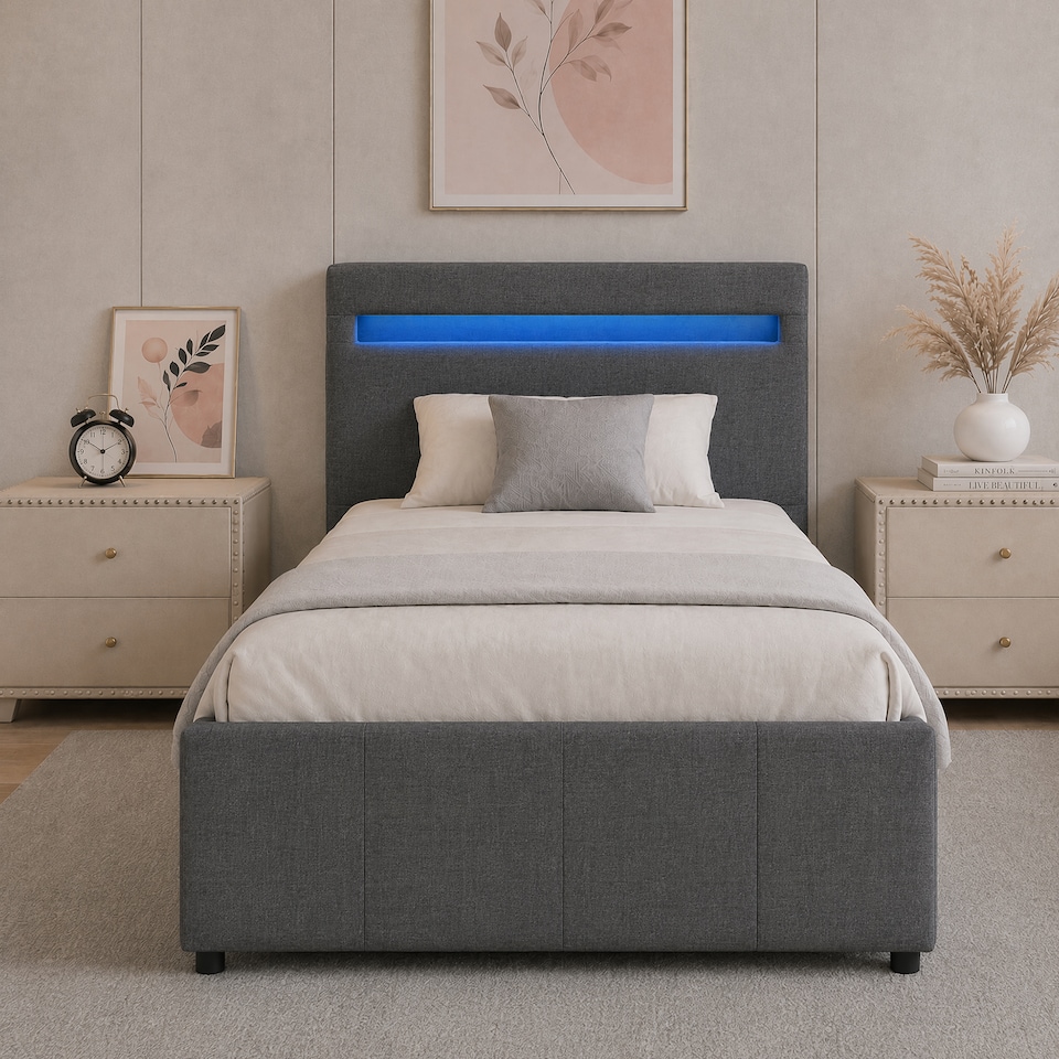 image 1 of 3ft Single Modern Gas Lift Ottoman Bed Frame with LED In Dark Grey