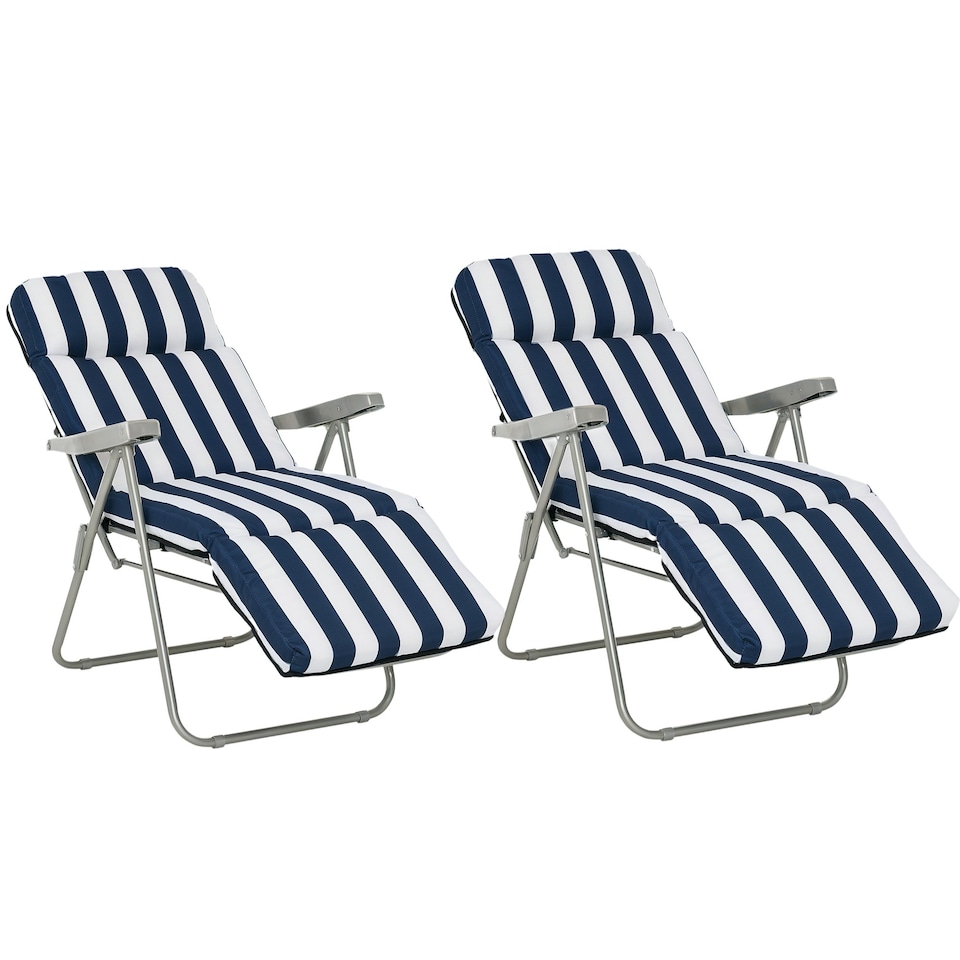 image 1 of Outsunny Set of 2 Folding Sun Lounger Recliner Chairs Daybed Cushion Blue White