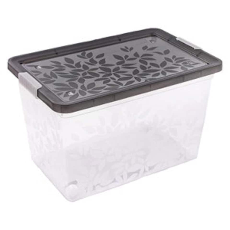 image 1 of Set of 9 55 Litres Elegant Jasmine Leaves Strong Stackable Plastic Storage Boxes Complete With Clip Locked Lids Clear