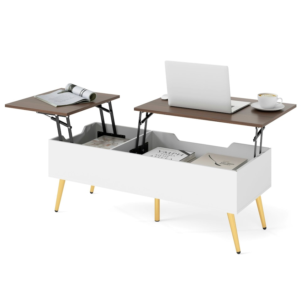 image 1 of COSTWAY Lift Top Coffee Table w/Storage Compartments Walnut White