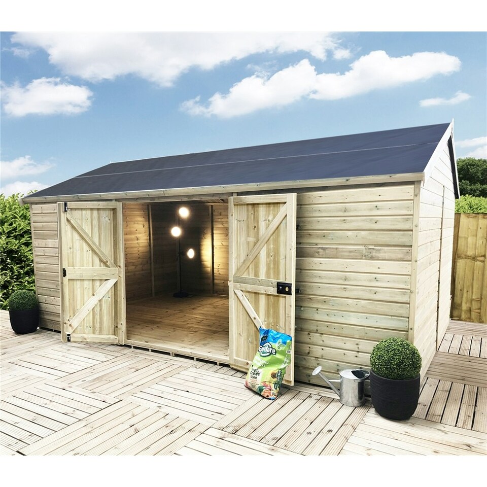image 1 of 14 x 12 REVERSE WINDOWLESS T&G Apex Wooden Workshop / Garden Shed & Double Doors (14' x 12' / 14ft x 12ft) (14x12)