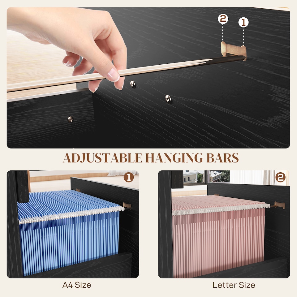 image 1 of HOMCOM File Cabinet with 4 Drawers for Home Office, Vertical Filing Cabinet with Lock, Adjustable Hanging Bar for A4 and Letter Size, Black Wood Effect