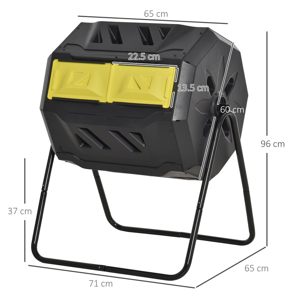 image 1 of (Yellow, 160L) Outsunny Outdoor Tumbling Compost Bin with Dual Chamber
