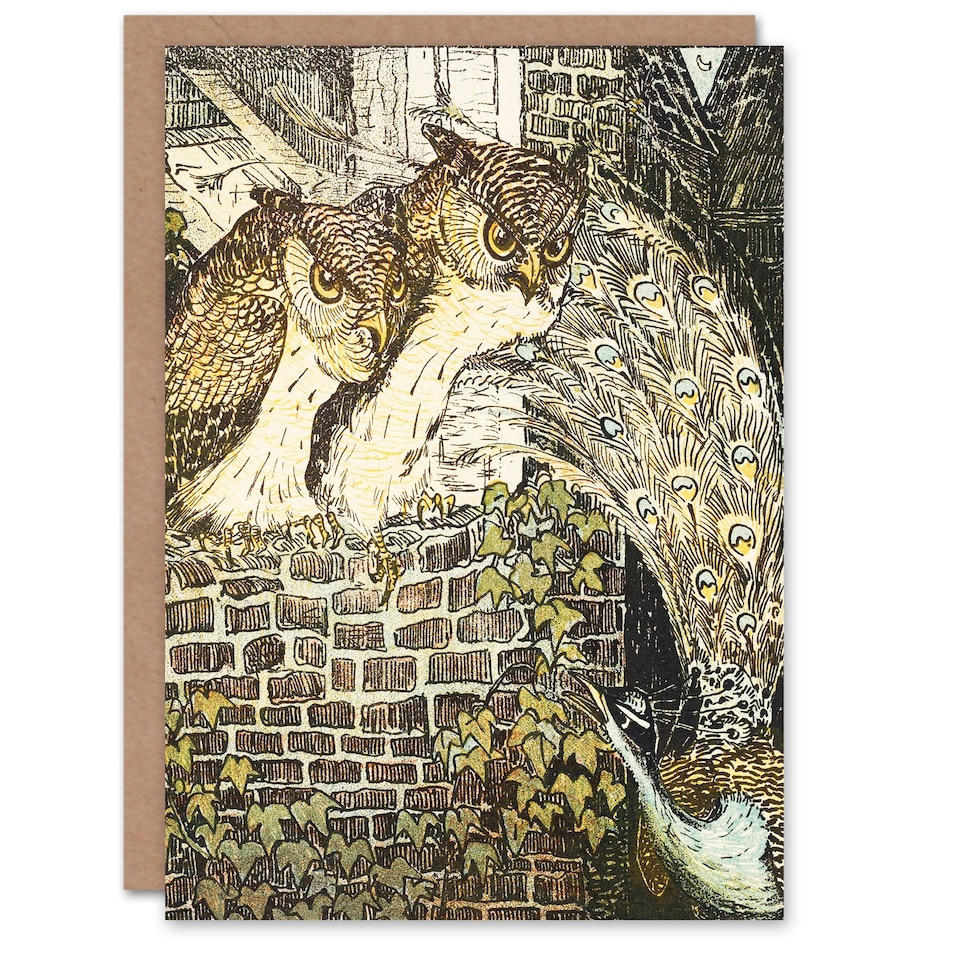 image 1 of Theo van Hoytema Art Card Two Owls on a Wall and Peacock