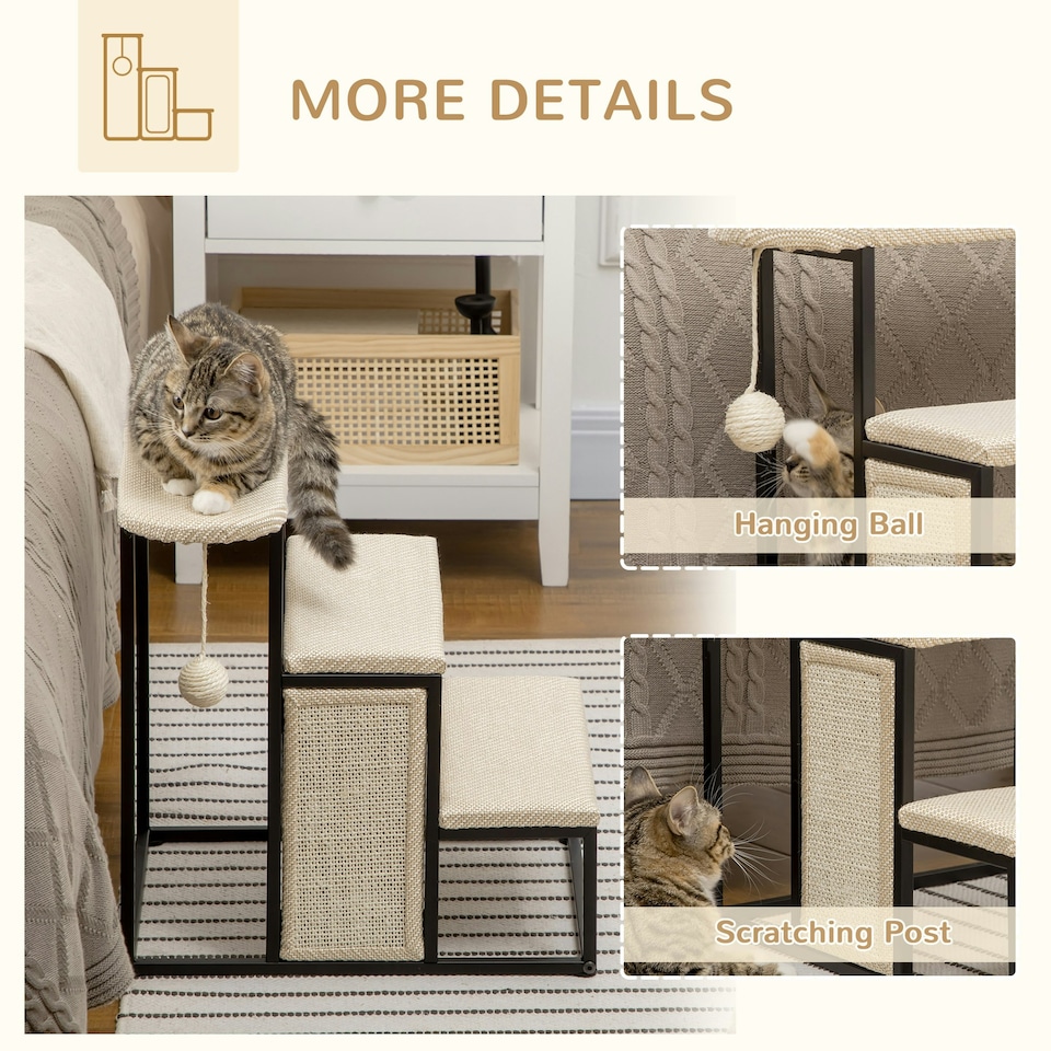 image 1 of PawHut Cat Stairs w/ Sisal Scratching Board, Hanging Ball, Steel Frame - Cream
