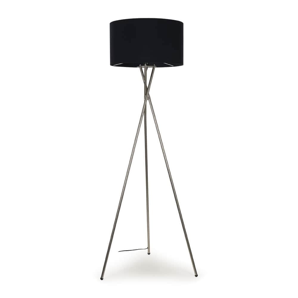 ValueLights Camden Brushed Chrome Tripod Floor Lamp with Black Drum Lamp Shade