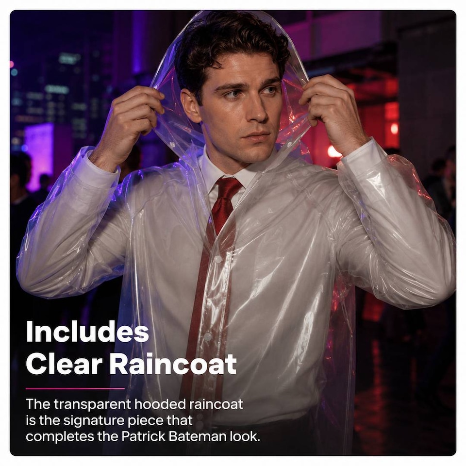 image 1 of Mens Halloween Businessman Serial Killer Costume Set - Raincoat, Tie, Fake Axe & Business Card