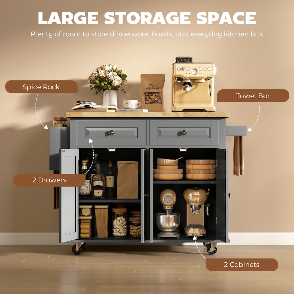 image 1 of HOMCOM Kitchen Island on Wheels, Rolling Kitchen Storage Trolley with Rubber Wood Top, Drawers, Adjustable Shelves, Towel and Spice Rack for Dining Room, Grey