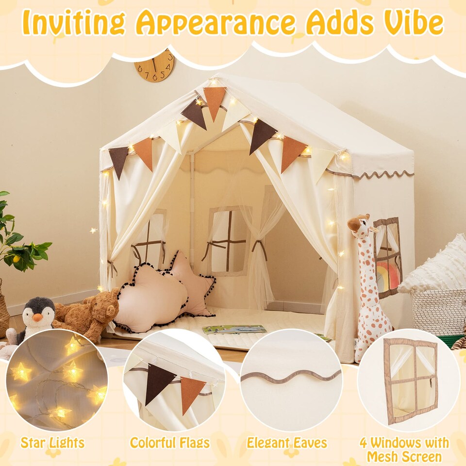 image 1 of COSTWAY Kids Play Tent 3-4 Kids Large Play Tent House w/2 Opening Doors-Beige