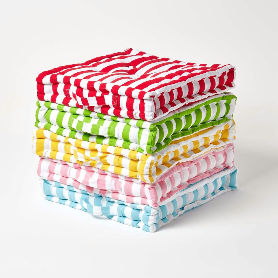 image 1 of Homescapes Cotton Yellow Thick Stripe Floor Cushion - 40 x 40 cm | Yellow | 40 x 40 cm