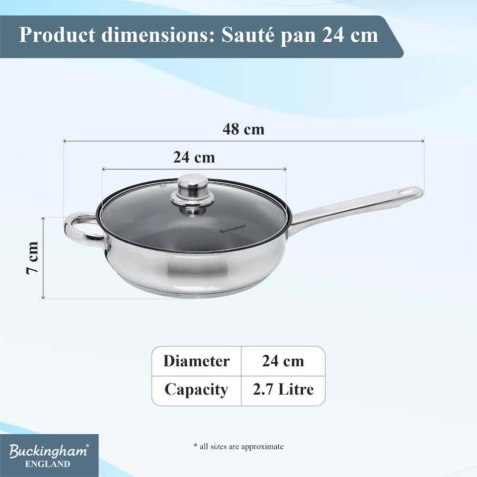 image 1 of Buckingham Stainless Steel Sauté Pan Induction Compatible with Stainless Steel Handles 24cm , 2.7 litre