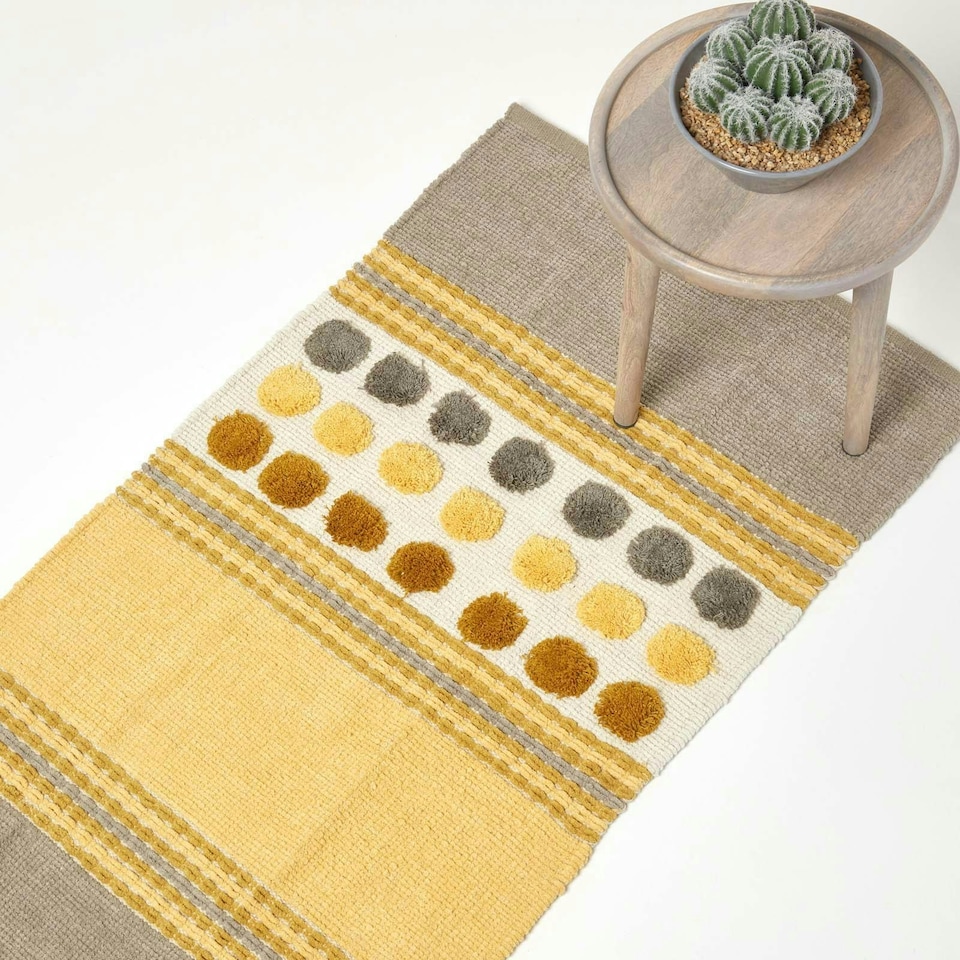 image 1 of Homescapes Cotton Chenille Striped Tufted Circle Runner Grey Mustard Yellow - 66 x 200cm Yellow | 66 x 200 cm