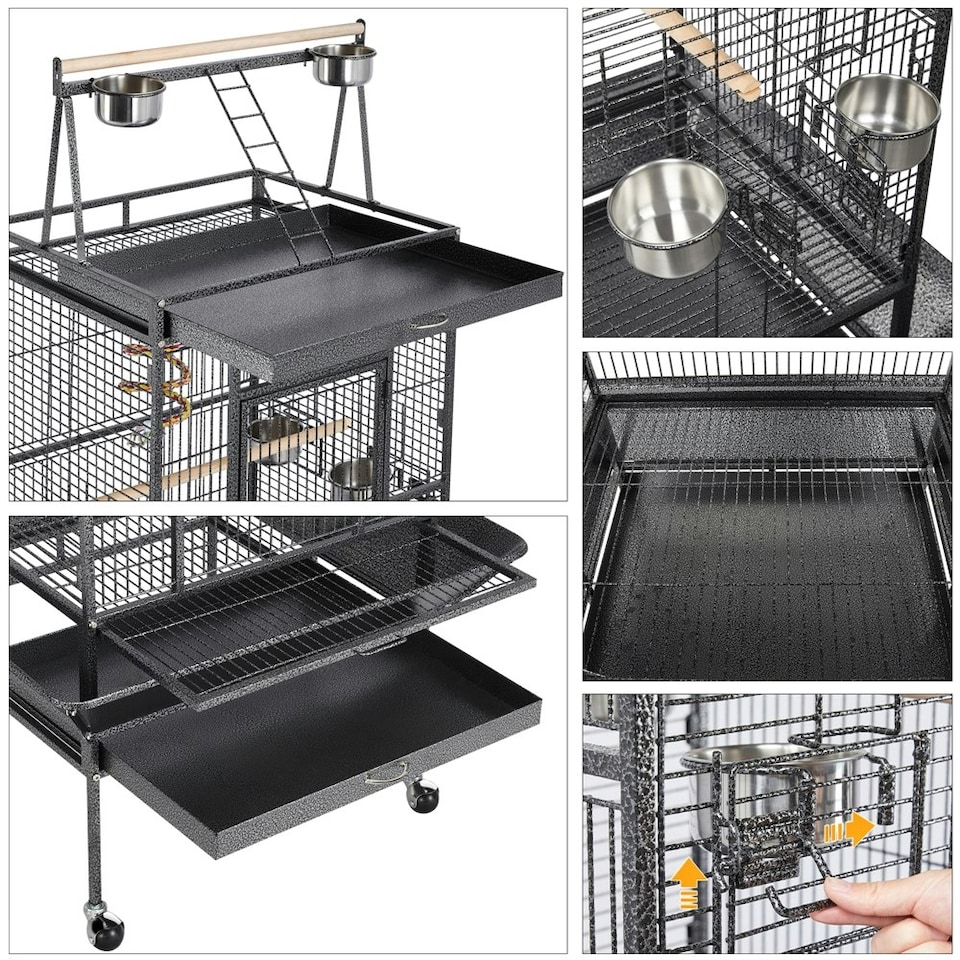 image 1 of Yaheetech 174 cm Tall Play Top Parrot Cage Metal Rolling Bird Cage Black