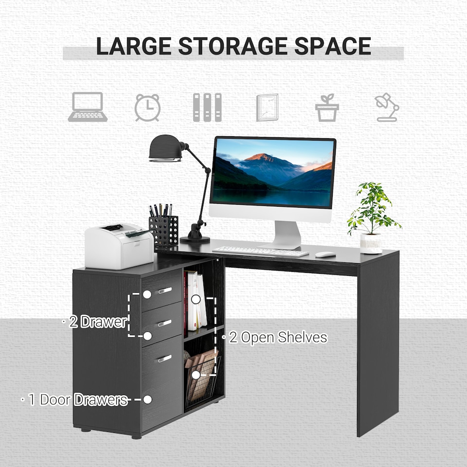image 1 of HOMCOM L Shaped Computer Desk, Reversible Home Office Desk with Drawers, File Cabinet and Storage Shelves, Study Table, 117 x 83.5 x 76cm, Black