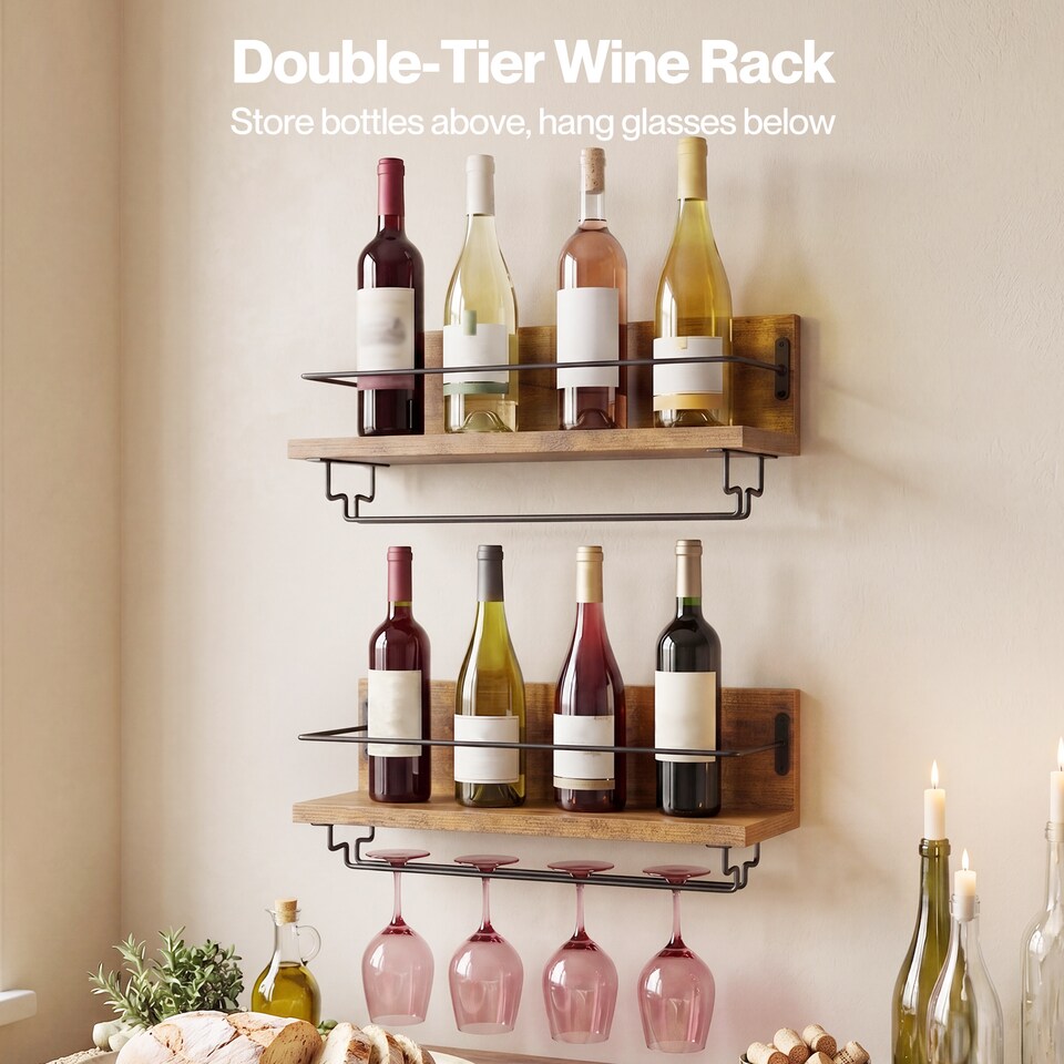 image 1 of Levede Wall Wine Rack With Glass Holder Floating Wine Shelf Home Bar Storage 2PC