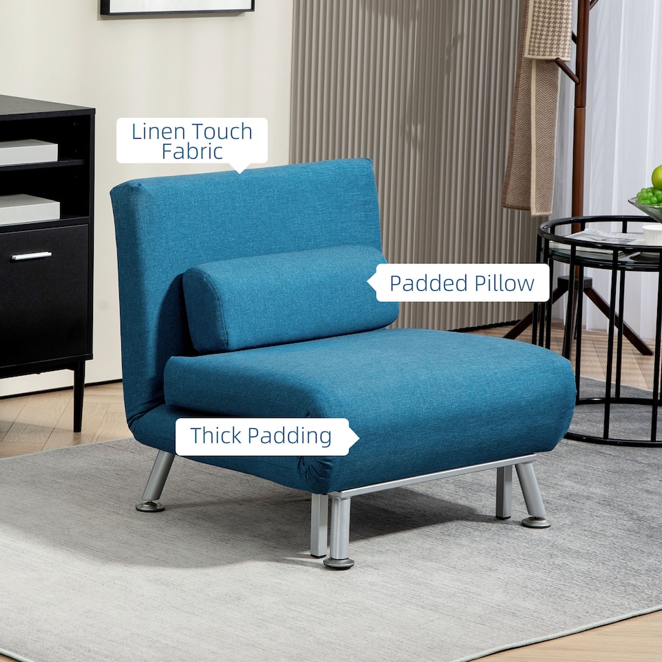 image 1 of HOMCOM Convertible Chair Bed, 3-in-1 Linen Sleeper Chair with Adjustable Backrest, Pillow, for Living Room, Bedroom, Blue | Blue | One Size