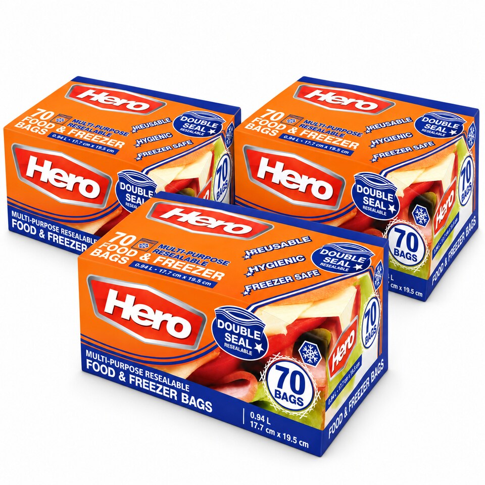 image 1 of Hero 70 Medium 1L Resealable Freezer Bags – Reusable Ziplock Food Storage Bags with Write-On Label – BPA Free Sandwich & Freezer Bags