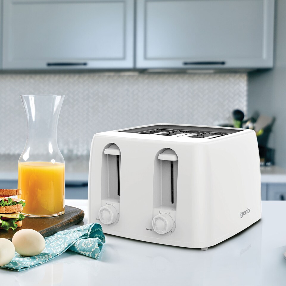 image 1 of Igenix 4 Slice Toaster, 1300W Power, 100 x 100mm Toasting Slots, 6 Variable Browning Levels, Integrated Browning Control Dial with Cancel Function, Removable Crumb Tray, Cord Storage, White