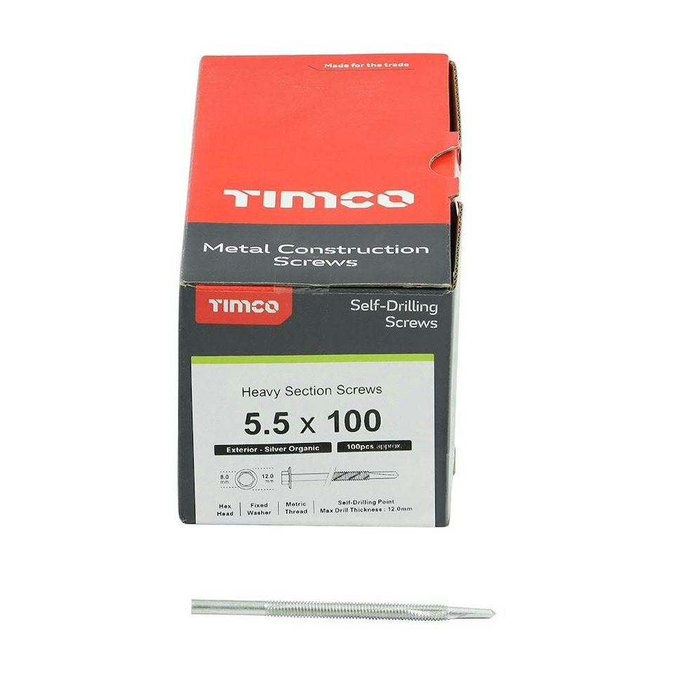 image 1 of Timco - Metal Construction Heavy Section Screws - Hex - Self-Drilling - Exterior - Silver Organic (Size 5.5 x 100 - 100 Pieces)