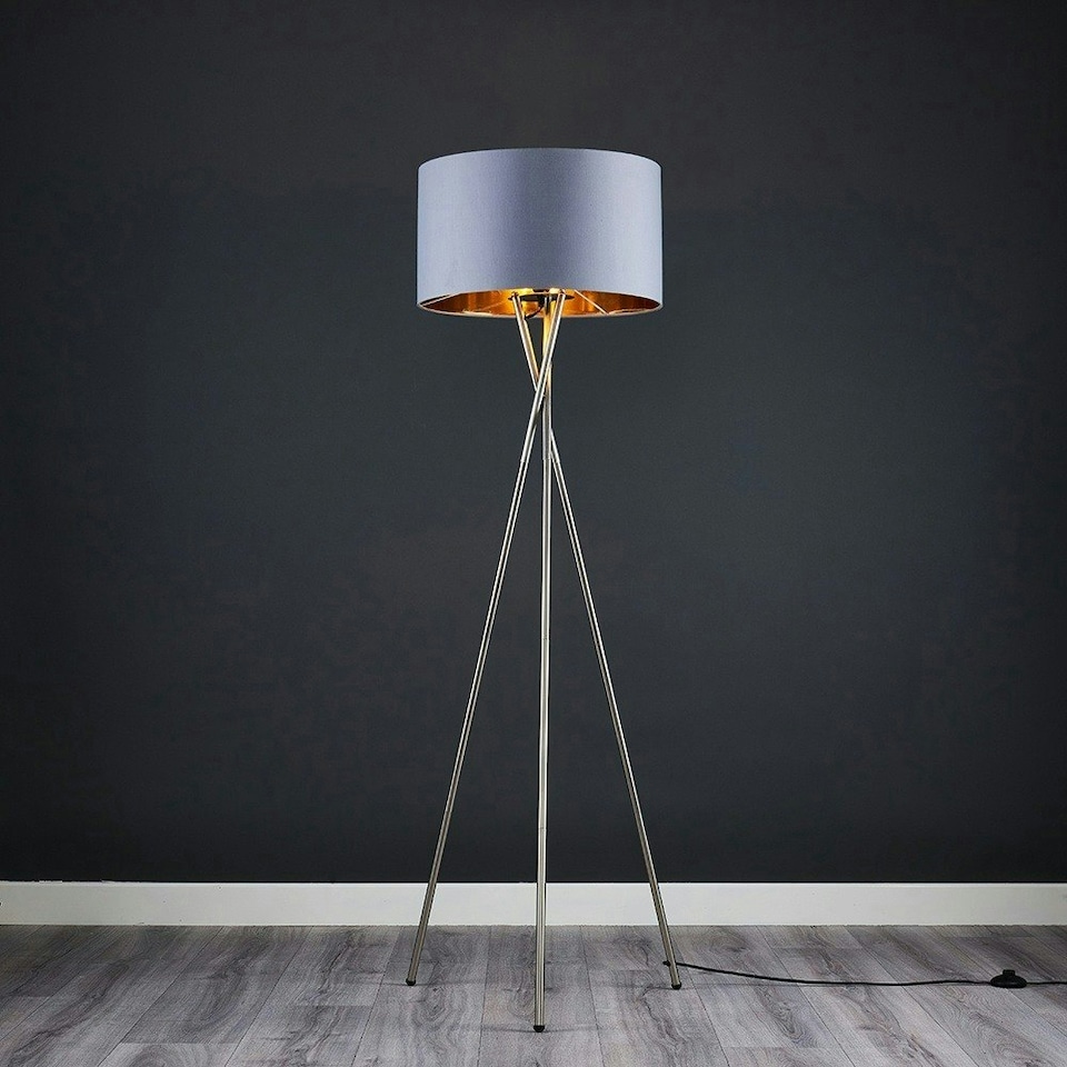 image 1 of ValueLights Camden Brushed Chrome Tripod Floor Lamp Grey Gold Shade and Bulb