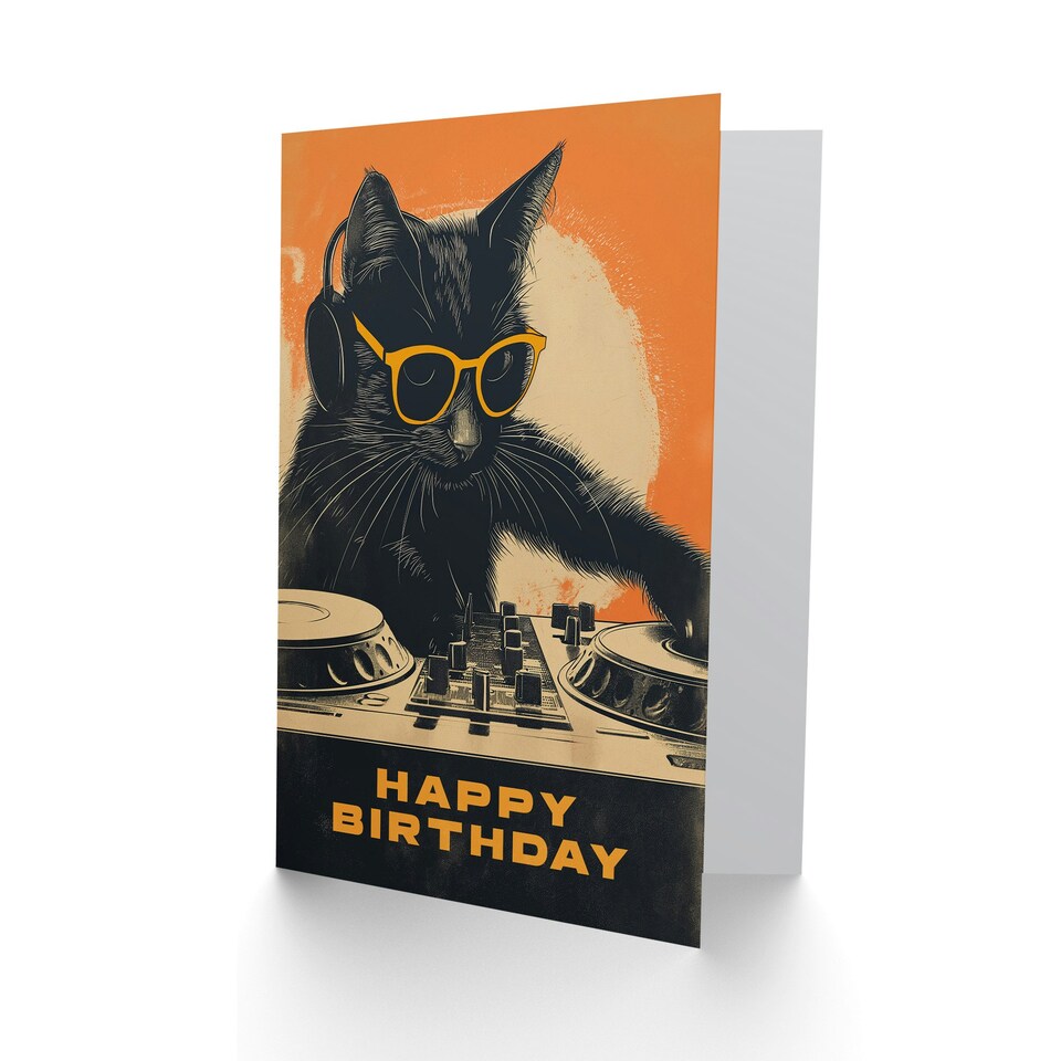 image 1 of DJ Decks Black Cat Lover Sunglasses For Him Birthday Card