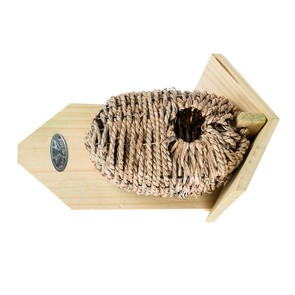 image 1 of Homescapes Wooden Bird Box with Seagrass Birdnest Multi