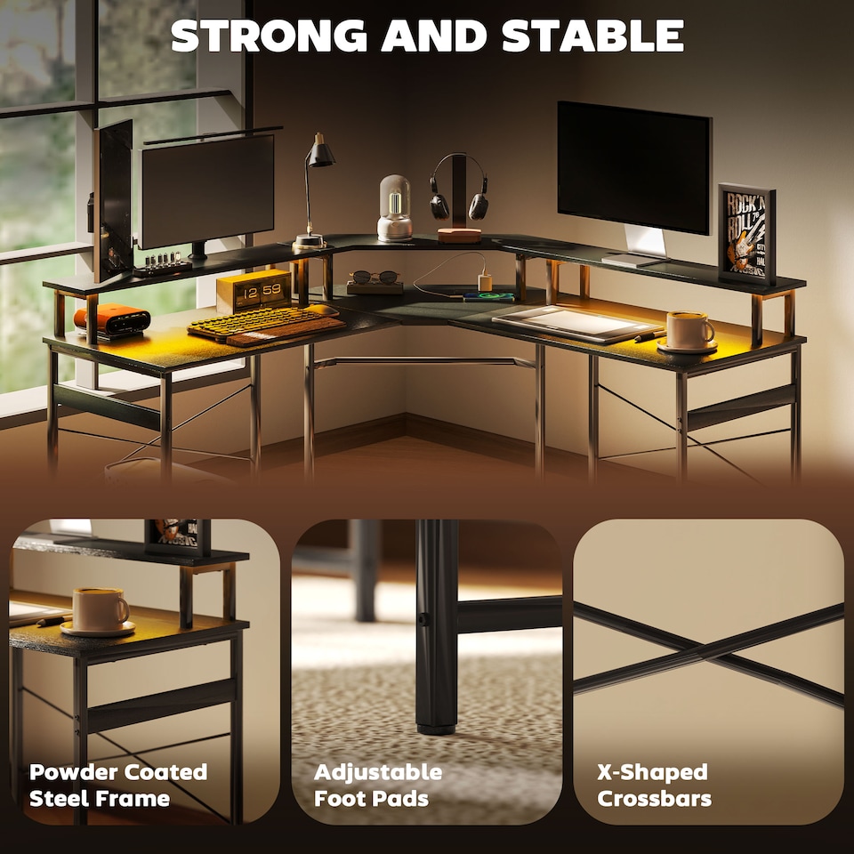 image 1 of HOMCOM L Shaped Desk with Power Outlets and LED Lights, Corner Computer Desk with Monitor Stand, Gaming Desk for Home Office, Black | Black