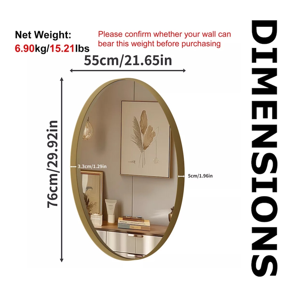 image 1 of Retro Wall Large 3D Oval Vanity Mirror For Bedroom, Bathroom, Living Room