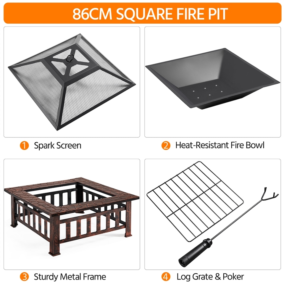 image 1 of Yaheetech 86 cm Outdoor Square Fire Pit with Cover and Poker-Copper