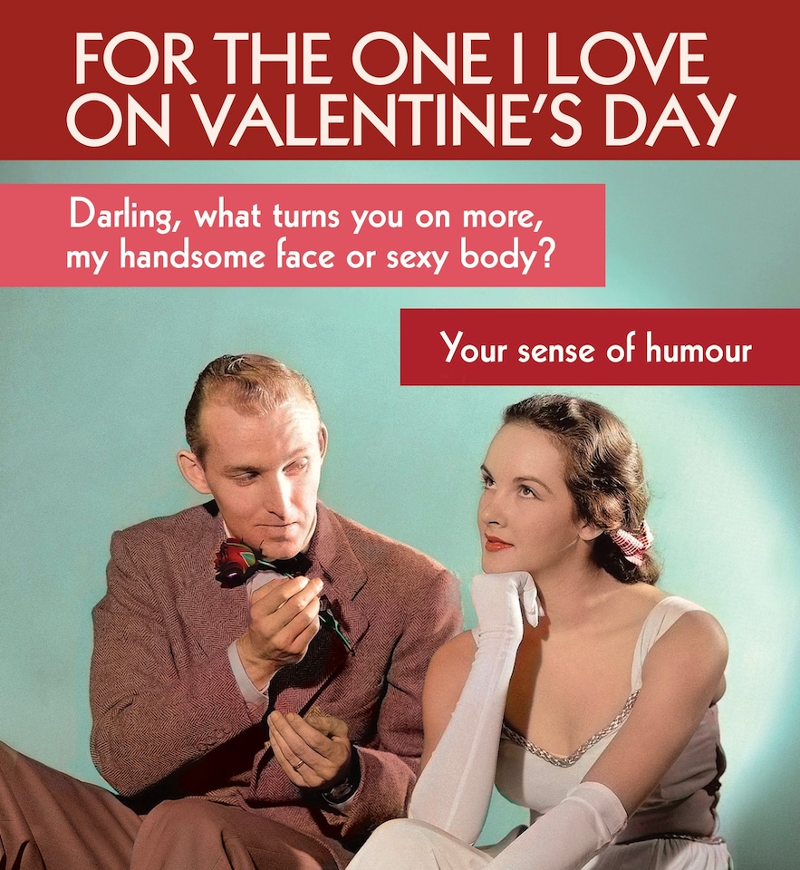 image 1 of What Turns You On More, My Handsome Face Or Sexy Body? - Funny Retro Valentine's Day Card