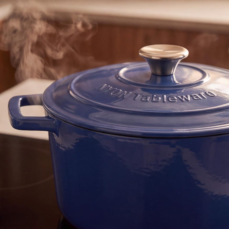 image 1 of Argon Tableware 4.5L Round Cast Iron Casserole Dish with Self-Basting Lid - 4.75QT Dutch Oven Roasting Dish Pot | Blue | Midnight Blue | 2