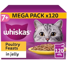 120 x 85g Whiskas 7+ Poultry Feasts Mixed Senior Wet Cat Food Pouches in Jelly 3 x 40pk