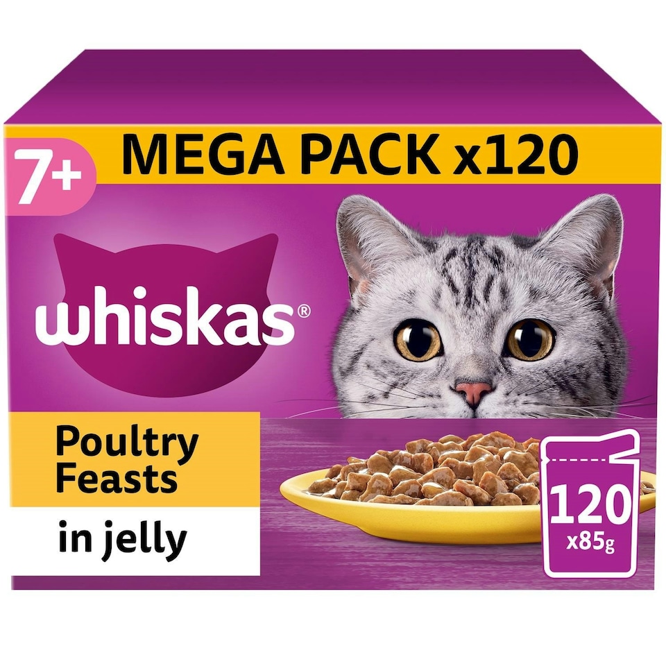 image 1 of 120 x 85g Whiskas 7+ Poultry Feasts Mixed Senior Wet Cat Food Pouches in Jelly 3 x 40pk
