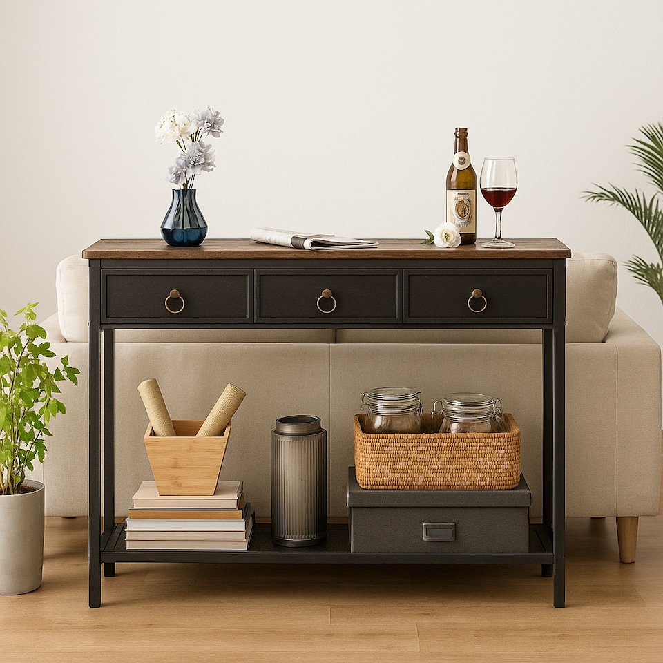 image 1 of Slim Hallway Console Table with 3 Non-Woven Drawers