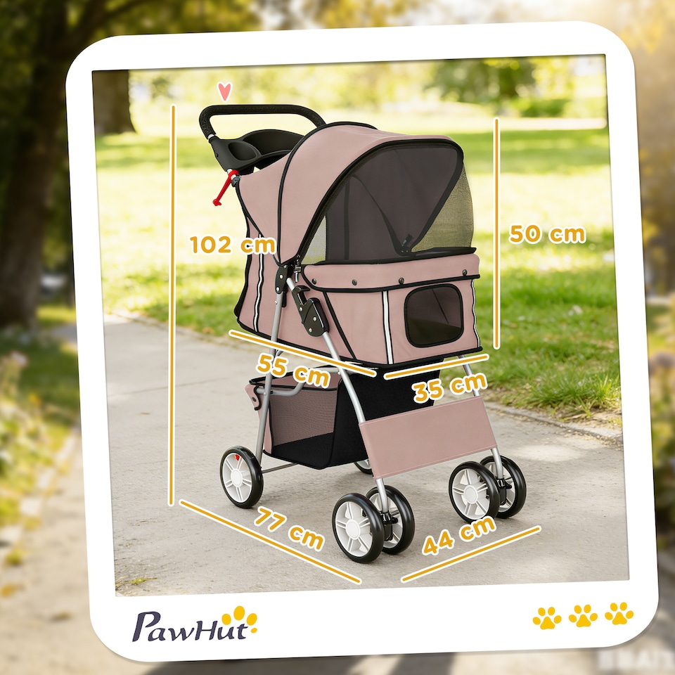 image 1 of PawHut Pet Stroller Carrier Foldable Deluxe Walk Travel Dog, Brown | Brown