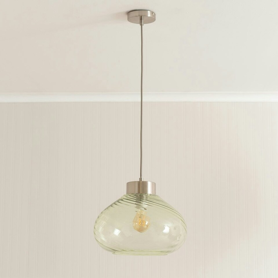 image 1 of ValueLights Corinne Twill Spiral Green Glass Brushed Chrome Capped Ceiling Pendant Light Silver