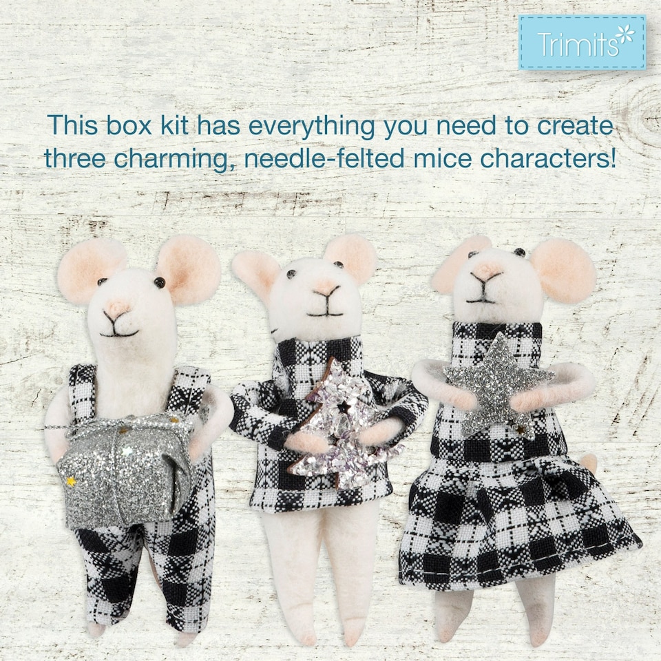 image 1 of Trimits Needle Felting Kit Christmas Mice - Tartan Trio, Festive Craft Kit, Homemade Christmas Decorations