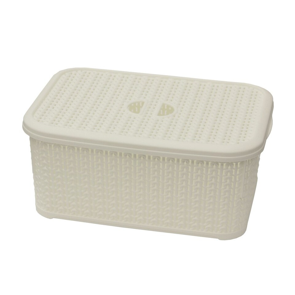 image 1 of JVL Knit Loop Plastic Lidded Rectangular Storage Basket with Handles, 6L - White White