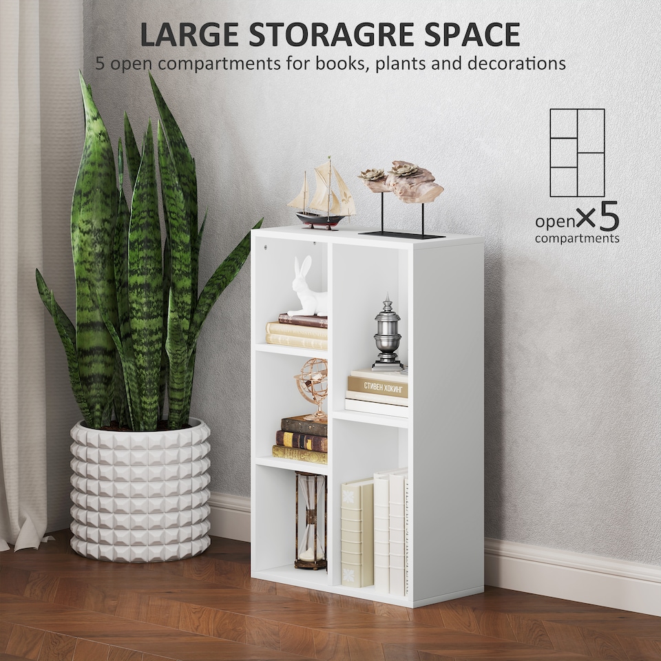 image 1 of HOMCOM Modern 2-Tier Bookshelf with 5 Open Storage Compartments, White