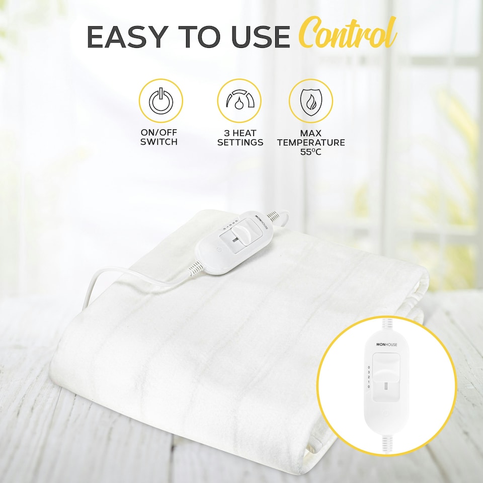 image 1 of MONHOUSE Premium Soft Fleece Electric Blanket - Heated Under Blanket - Detachable Controller & Machine Washable - 3 Heat Settings - Single 65x135cm - White