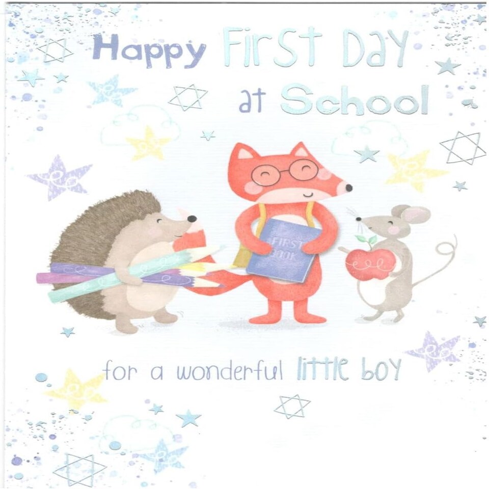 image 1 of Animals Carrying Stationery For Boy Happy First Day At School Card
